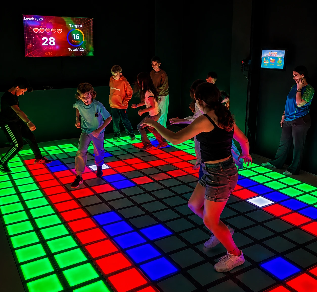 Niños celebrando un cumpleaños en la sala interactiva